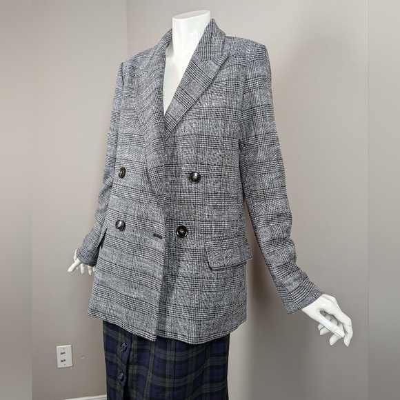 H&M Gray Plaid Double Breasted Blazer Size 6 Oversized Checkered Jacket - Picture 4 of 8